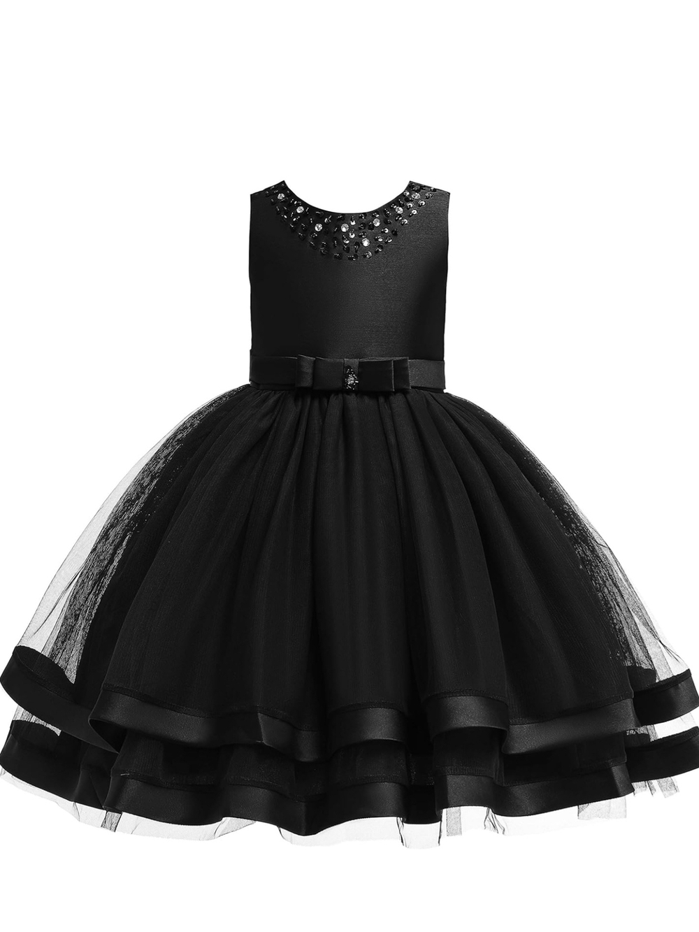Glamulise - Black Tulle Formal Pagent Dress with Embellished Neckline